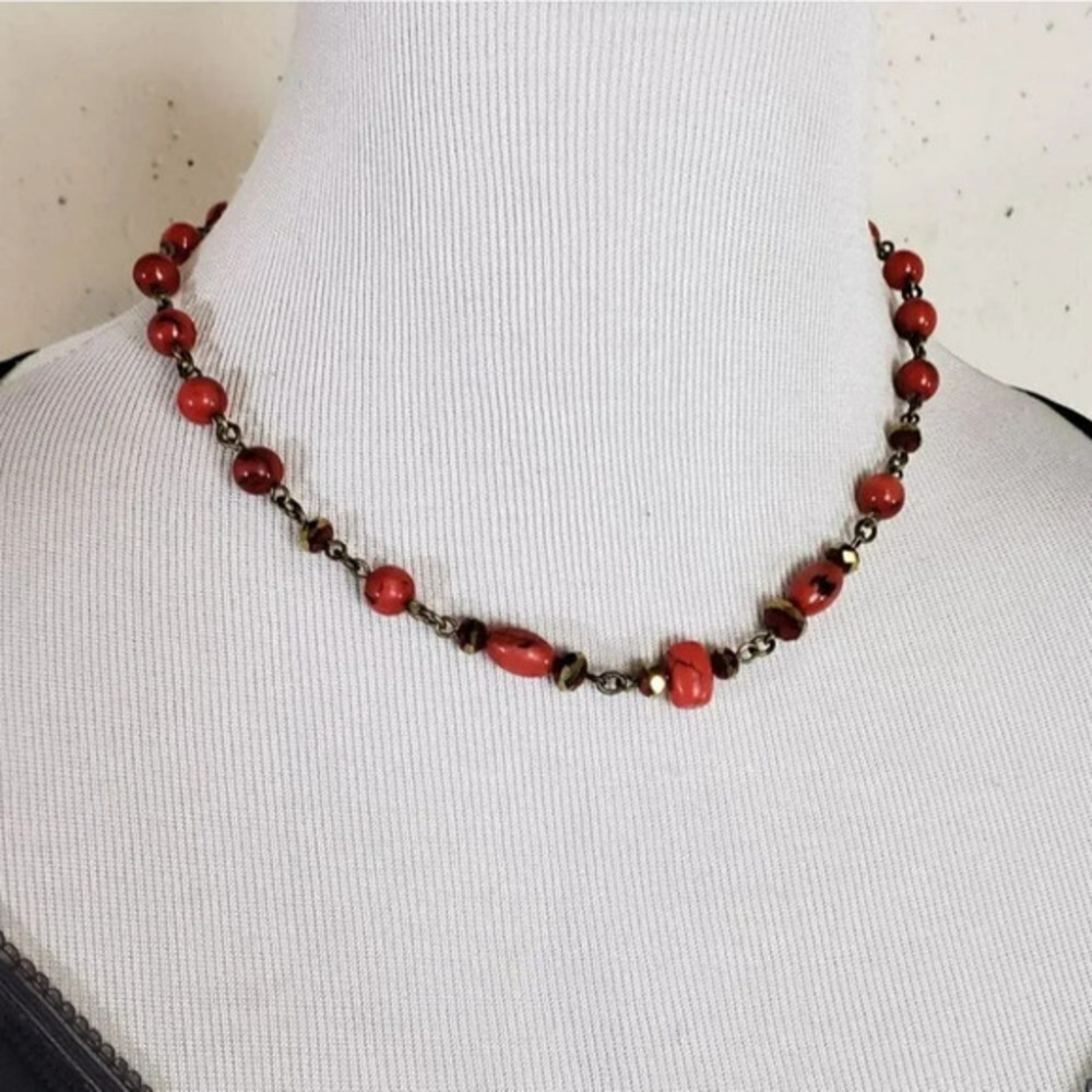 Nine West Vintage America Necklace OS Red Gold Beaded Boho‎ Southwestern Toggle